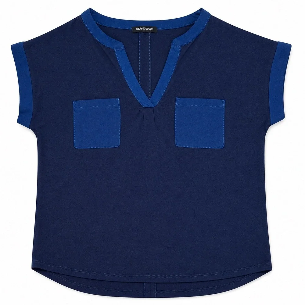 Cable & Gauge Blouse Womens XL Navy Blue Good Button Back V-Neck Short Sleeve - Picture 4 of 9